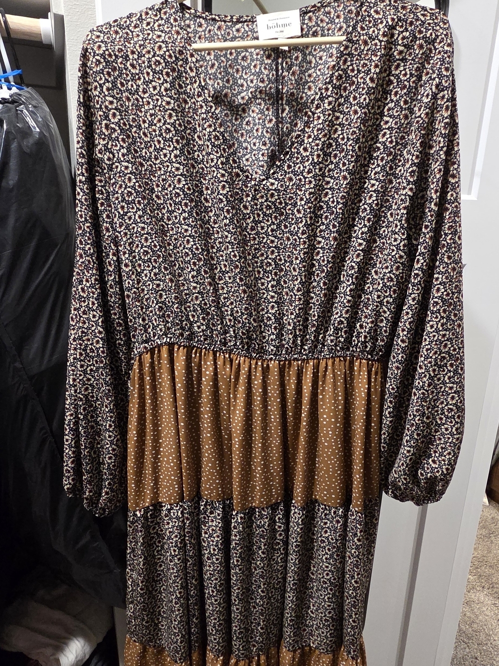 Brown and Black Mixed Print Tiered Maxi Dress